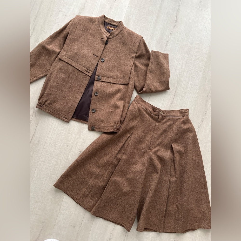 Vintage Oleg Cassini Brown Tweed 2 Piece Set Jacket & Culotte Pant Medium